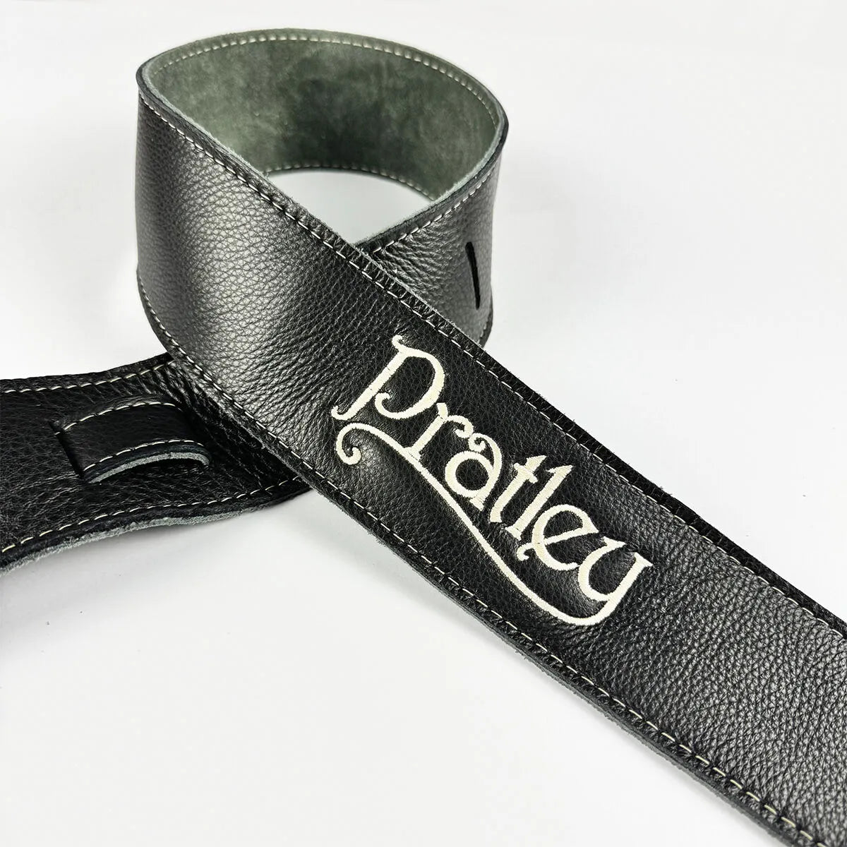 Pratley 2.5" Black Leather Guitar Strap with Suede Backing and Embroidered Logo [PRATSTRAP-BK] — view 2