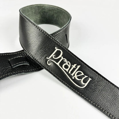 Pratley 2.5" Black Leather Guitar Strap with Suede Backing and Embroidered Logo [PRATSTRAP-BK] — view 2