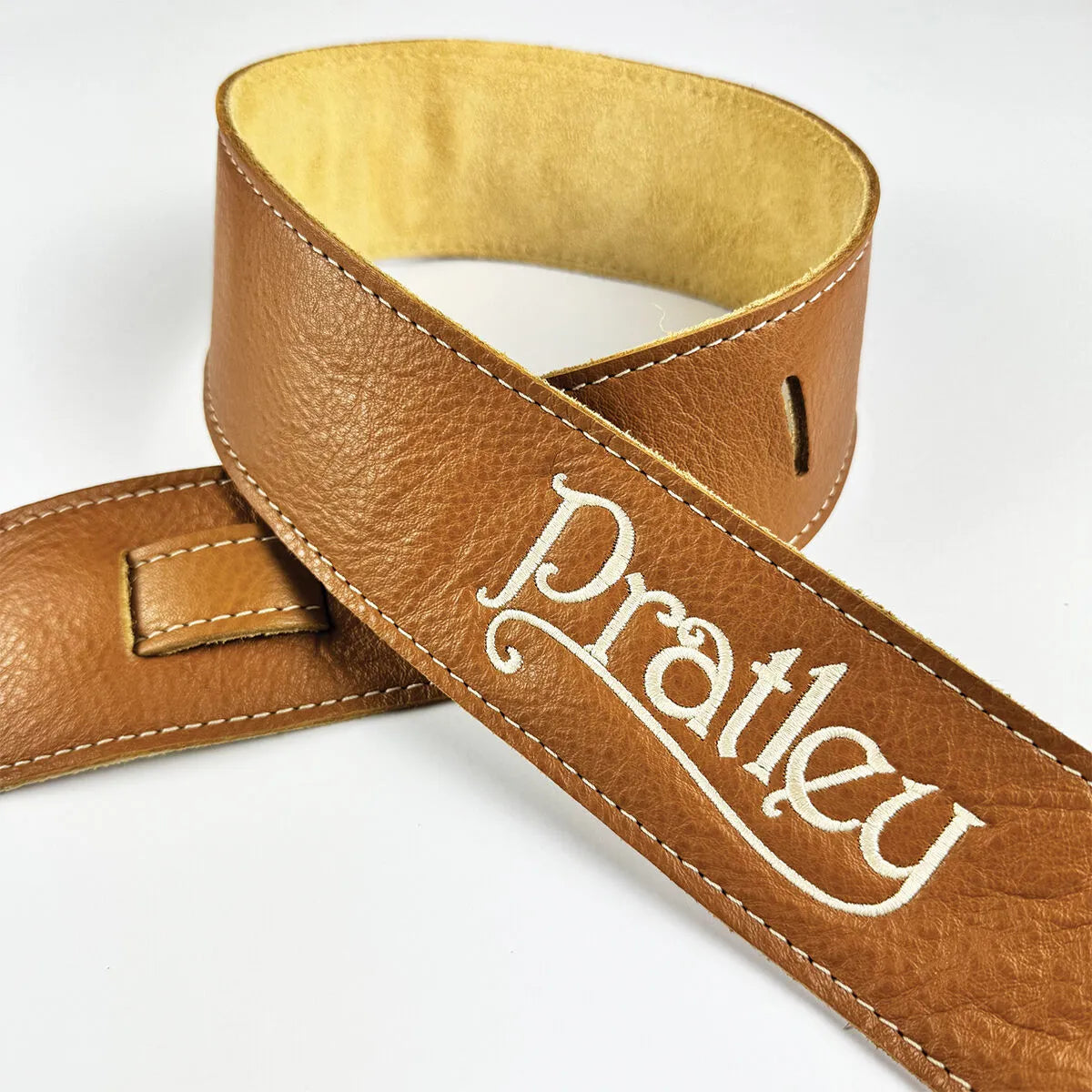 Pratley 2.5" Caramel Leather Guitar Strap with Suede Backing and Embroidered Logo [PRATSTRAP-CA] — view 2