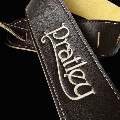 Pratley 2.5" Chocolate Leather Guitar Strap with Suede Backing and Embroidered Logo [PRATSTRAP-CH] — view 2