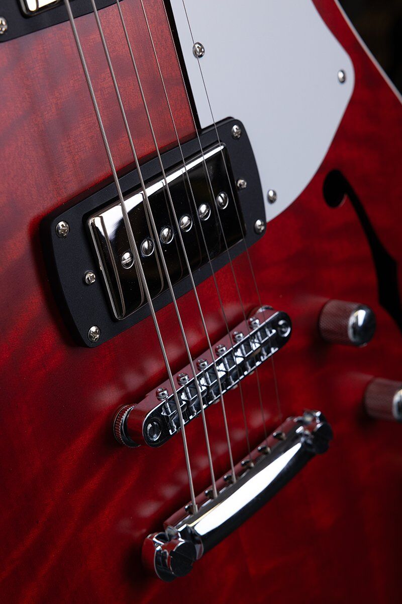Pratley Electric Semi-Hollow Cherry Red Single Cut SD with Phat Cat P90 Set — view 7