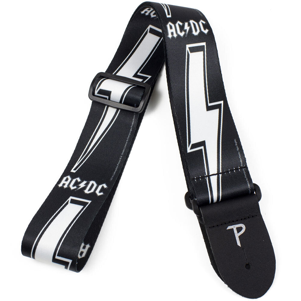 Perris 2" Polyester AC/DC Licensed Guitar Strap - White Logo & Lightning Bolt on Black, Adjustable Length 39" to 58"