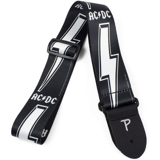 Perris 2" Polyester AC/DC Licensed Guitar Strap - White Logo & Lightning Bolt on Black, Adjustable Length 39" to 58"