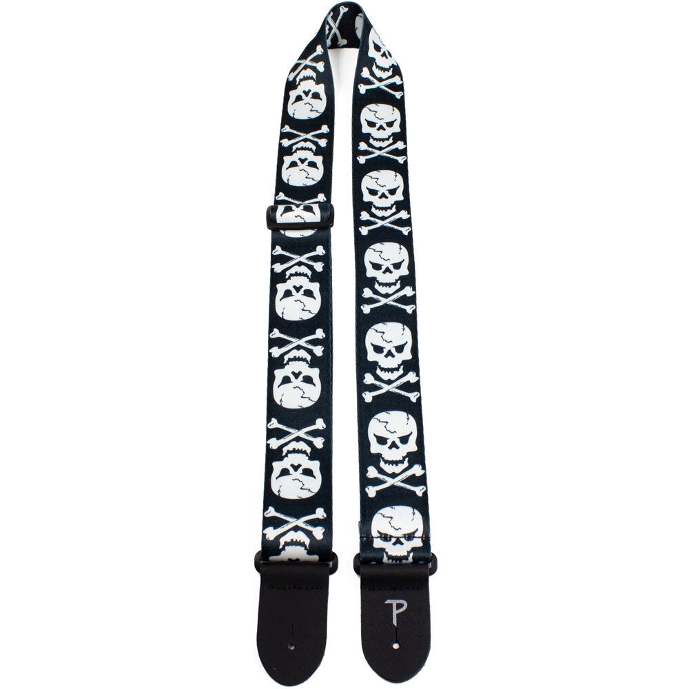 Perris 2" Skull & Cross Bones Polyester Guitar Strap with Leather Ends, Adjustable 39" to 58"