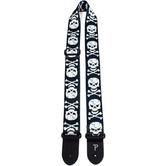 Perris 2" Skull & Cross Bones Polyester Guitar Strap with Leather Ends, Adjustable 39" to 58"