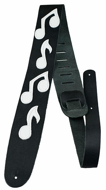 Perris 2.5" Black Leather Guitar Strap with White Music Notes, Adjustable 44.5" to 53"
