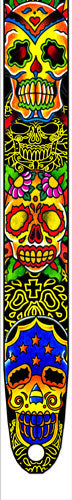 Perris 2.5" Leather Tattoo Johnny Guitar Strap - Black Masked Skulls, Adjustable 44.5" to 53"
