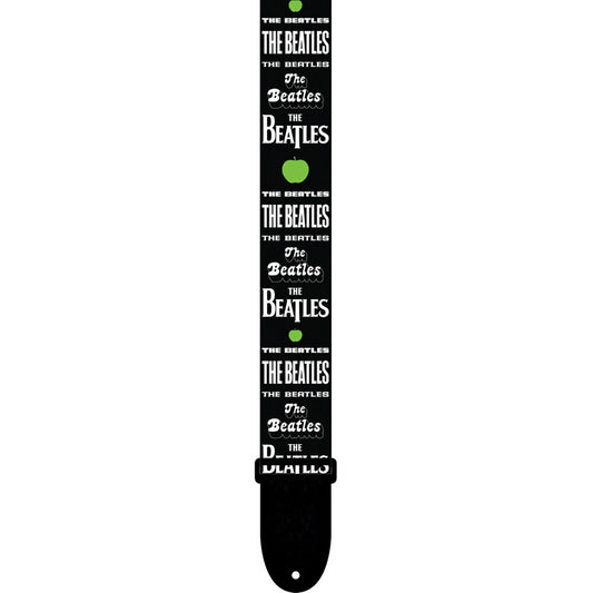 Perris 2" Polyester Beatles Licensed Vegan Guitar Strap with Multiple White Logos on Black Design, Adjustable 39" to 58"