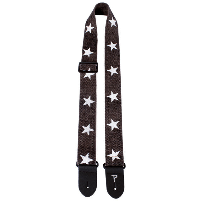 Perris 2" Deluxe Cotton Grey Guitar Strap with White Stars Design and Leather Ends, Adjustable 39" to 58" Length