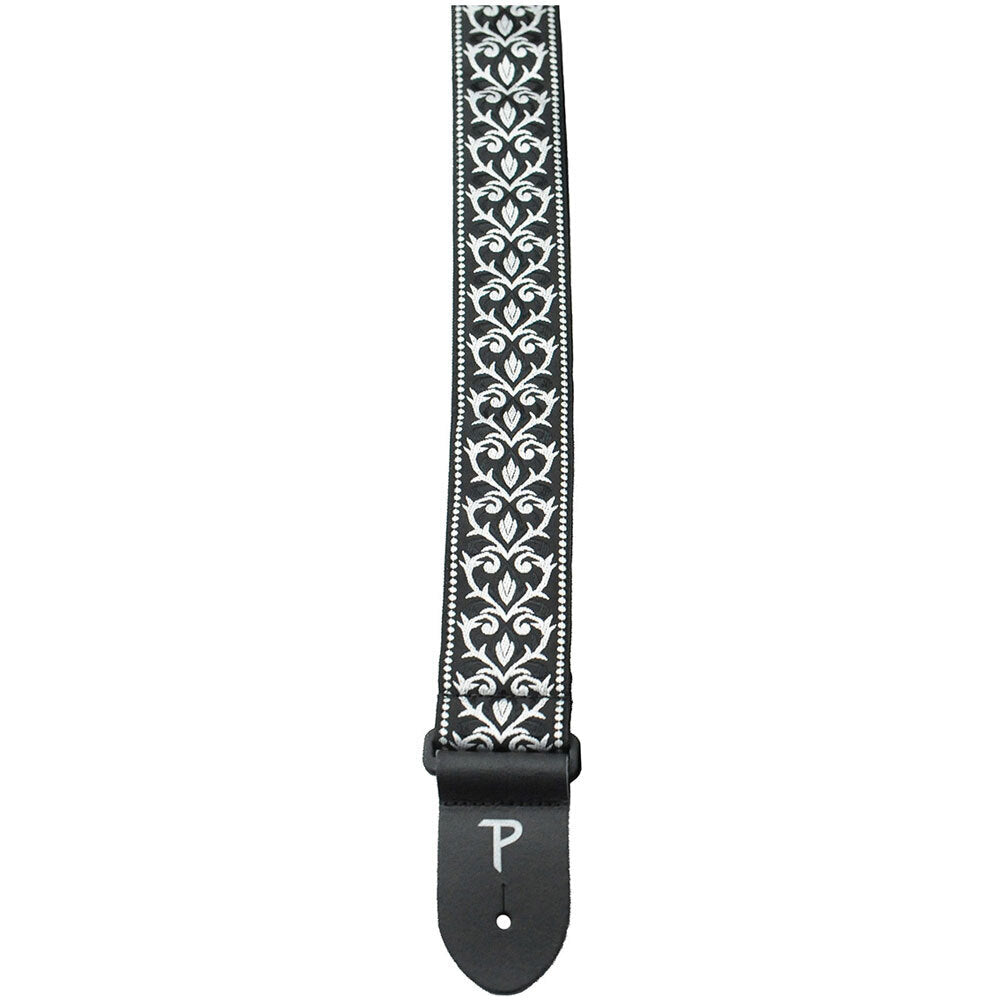 Perris 2" Jacquard Guitar Strap Black & White Tribal Design Leather Ends Adjustable 39" to 58"
