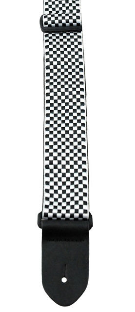 Perris 2" Jacquard Guitar Strap Black & White Checker Design with Leather Ends, Adjustable 39" to 58"