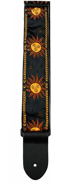 Perris 2" Jacquard Guitar Strap Yellow Suns on Black, Adjustable 39" to 58" with Genuine Leather Ends