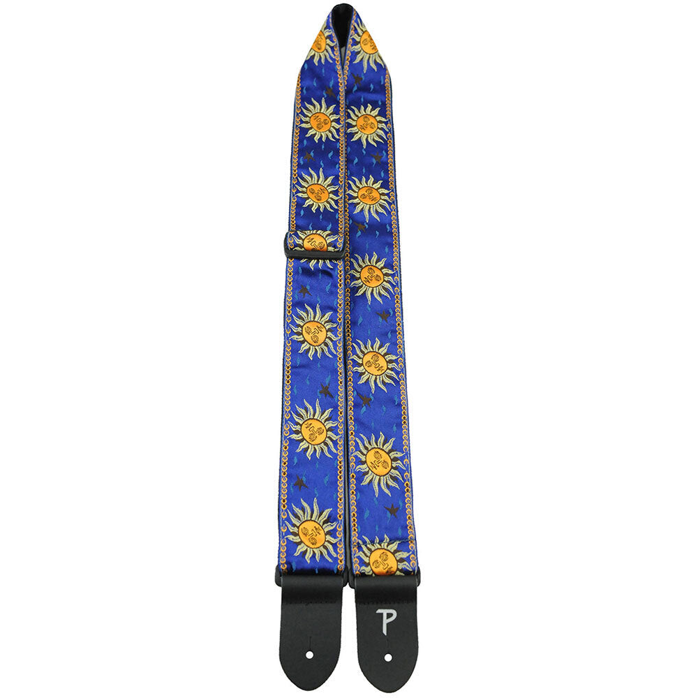 Perris 2" Jacquard Guitar Strap - Suns on Royal Blue Design with Leather Ends, Adjustable 39" to 58"