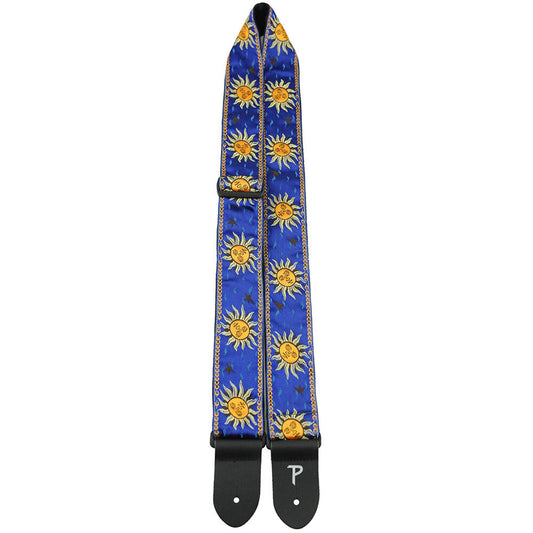 Perris 2" Jacquard Guitar Strap - Suns on Royal Blue Design with Leather Ends, Adjustable 39" to 58"