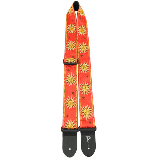 Perris 2" Jacquard Guitar Strap - Suns on Red Design with Leather Ends, Adjustable 39" to 58"