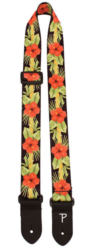 Perris 1.5" Polyester Ukulele Strap - Orange Luau Floral Design with Leather Ends, Adjustable Length 23" to 38"