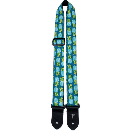 Perris 1.5" Teal Pineapple Fabric Ukulele Strap with Leather Ends, Adjustable 23" to 38"
