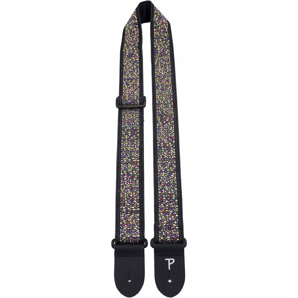 Perris 2.5" Jacquard Guitar Strap with Multi-Colour Rhinestones, Adjustable 39"-58", Black Design, High Quality with Leather Ends