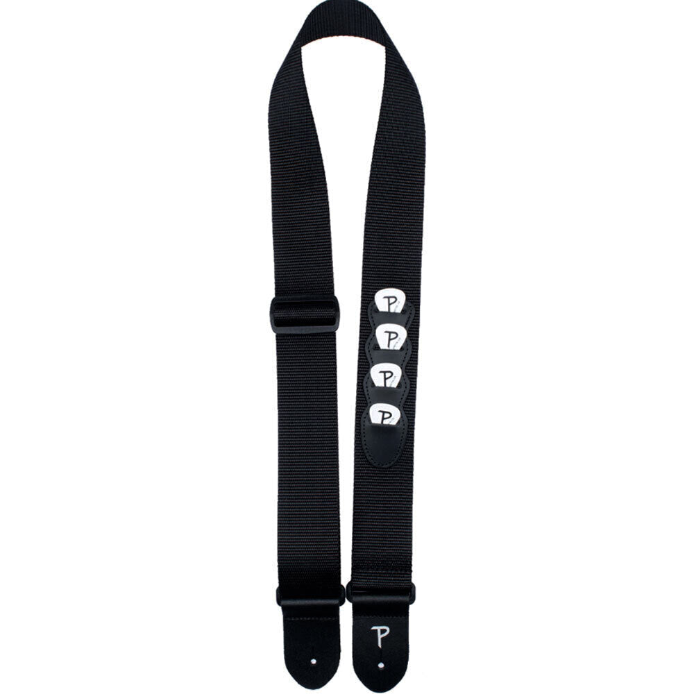 Perris 2" Black Nylon Guitar Strap with Leather Ends and Pick Pockets, Adjustable 39" to 58" Length, Picks Included