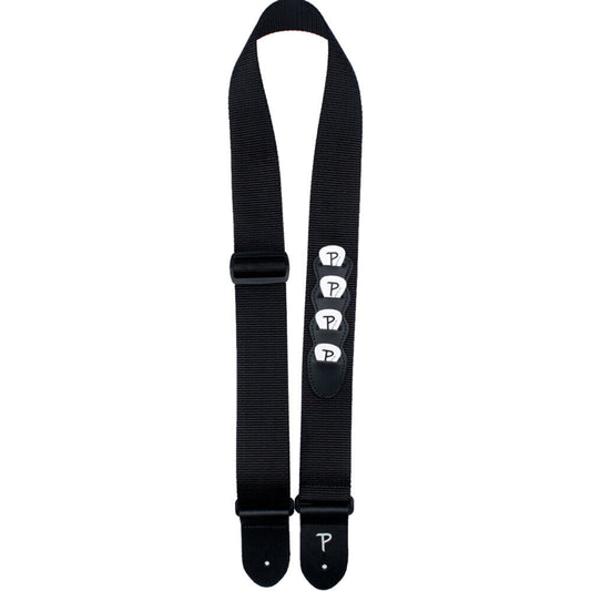 Perris 2" Black Nylon Guitar Strap with Leather Ends and Pick Pockets, Adjustable 39" to 58" Length, Picks Included
