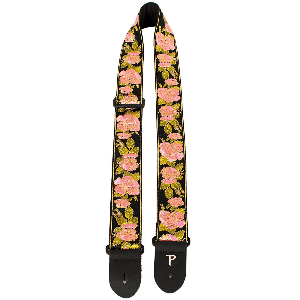 Perris 2" Jacquard Guitar Strap - Pink Flowers on Black Design with Leather Ends, Adjustable 39" to 58"