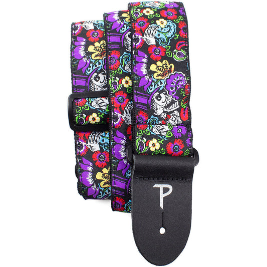 Perris 2" Jacquard Guitar Strap Floral Skulls Design with Leather Ends, Adjustable 39" to 58"