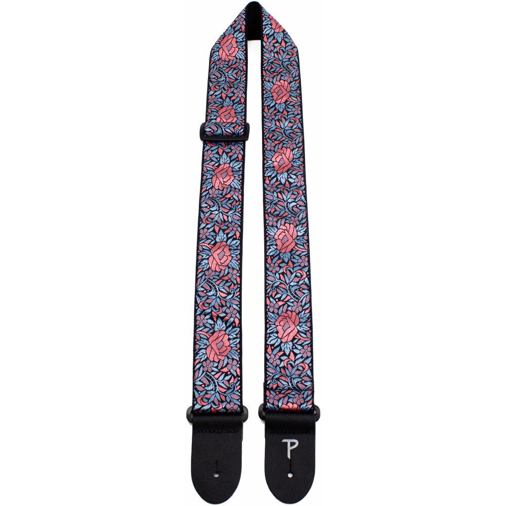 Perris 2" Jacquard Guitar Strap Blue & Red Flower Pattern Leather Ends Adjustable 39" to 58"