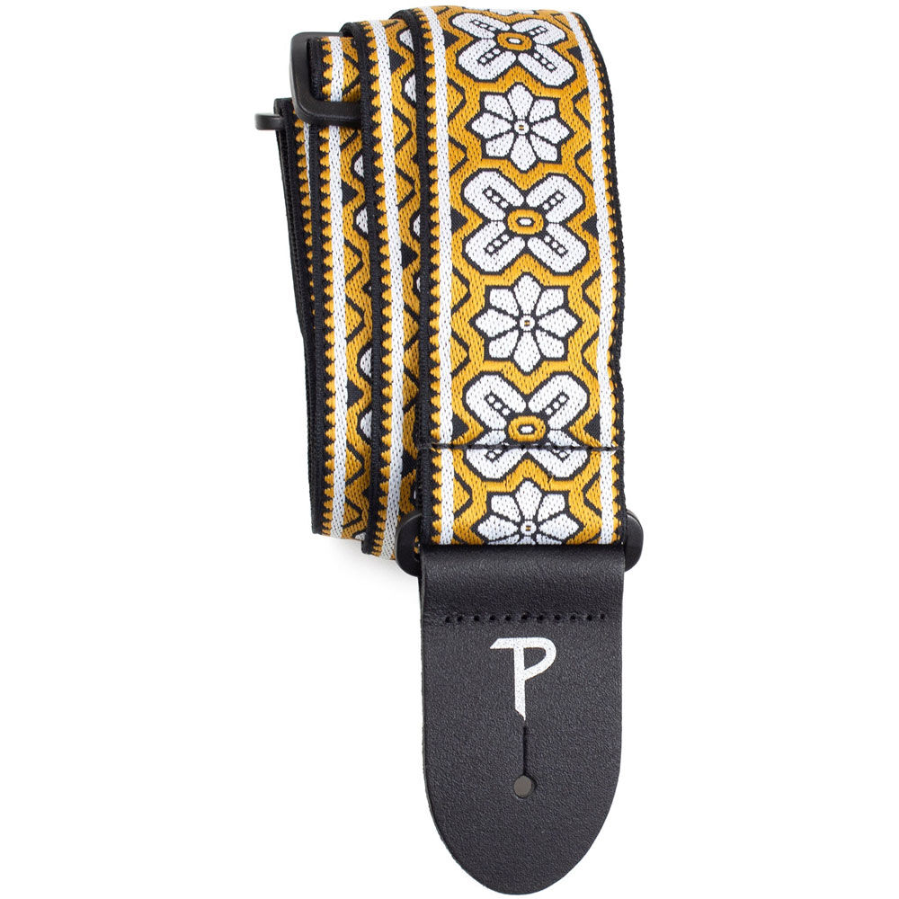 Perris 2" Jacquard Guitar Strap Gold Geo Floral Pattern Leather Ends Adjustable 39"-58"