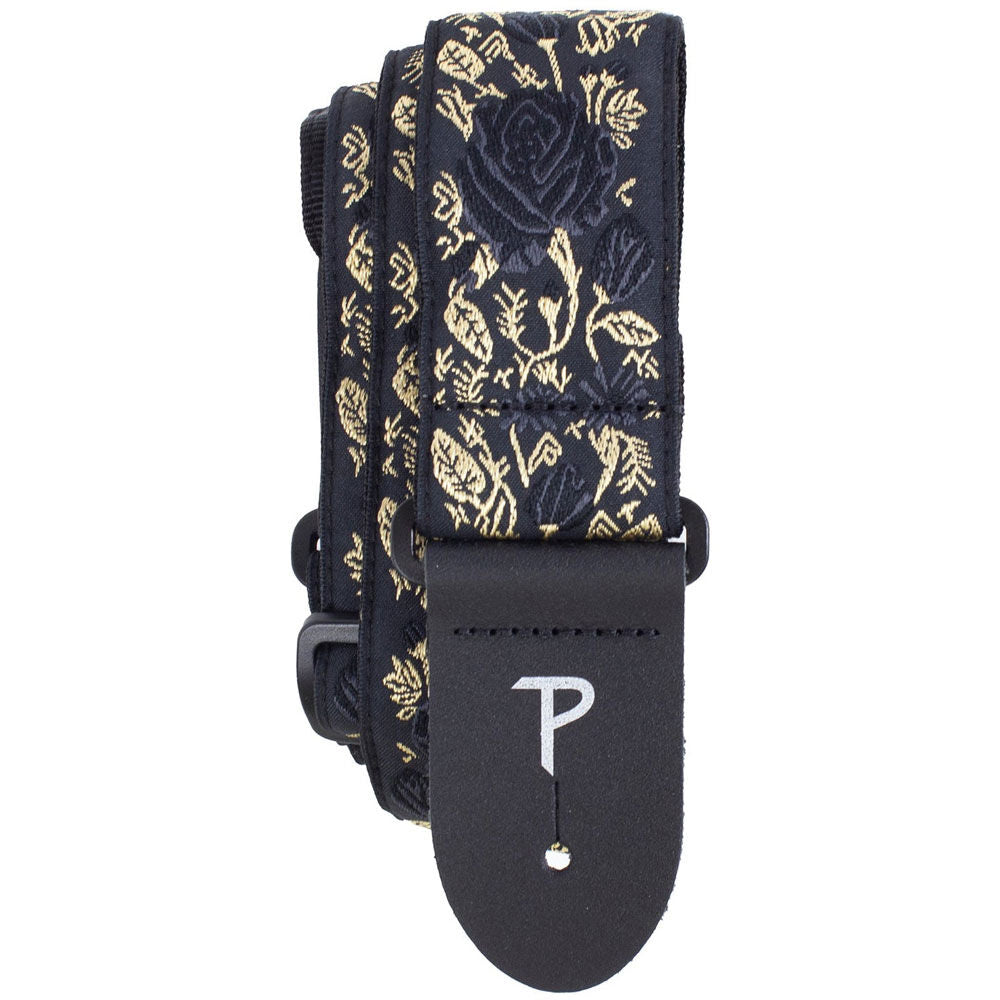 Perris 2.5" Jacquard Guitar Strap Black & Gold Roses Design with Leather Ends