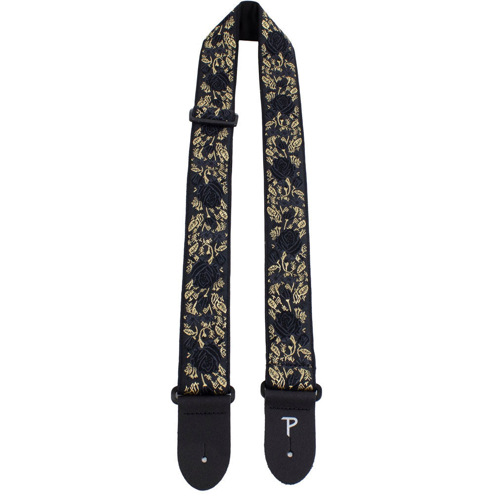 Perris 2.5" Jacquard Guitar Strap Black & Gold Roses Design with Leather Ends — view 2