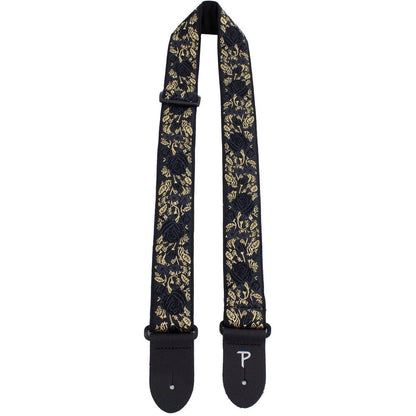 Perris 2.5" Jacquard Guitar Strap Black & Gold Roses Design with Leather Ends — view 2