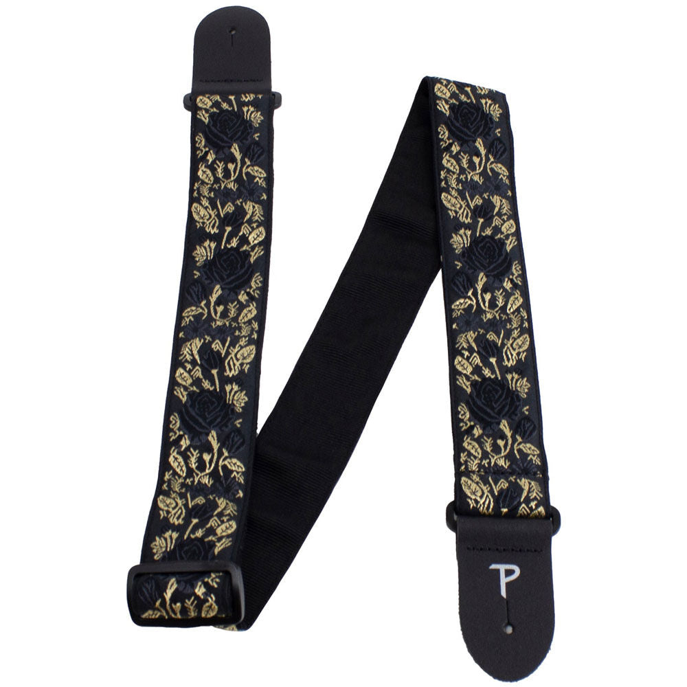 Perris 2.5" Jacquard Guitar Strap Black & Gold Roses Design with Leather Ends — view 3