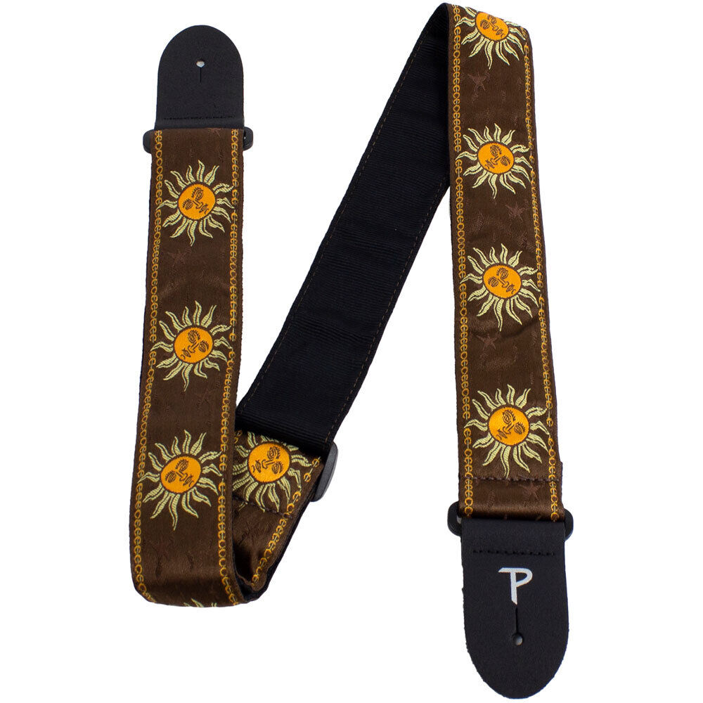 Perris 2" Jacquard Guitar Strap - Suns on Brown Design with Leather Ends, Adjustable 39" to 58" — view 3