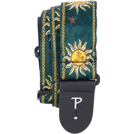 Perris 2" Jacquard Guitar Strap - Suns on Emerald Green Design with Leather Ends, Adjustable 39" to 58"