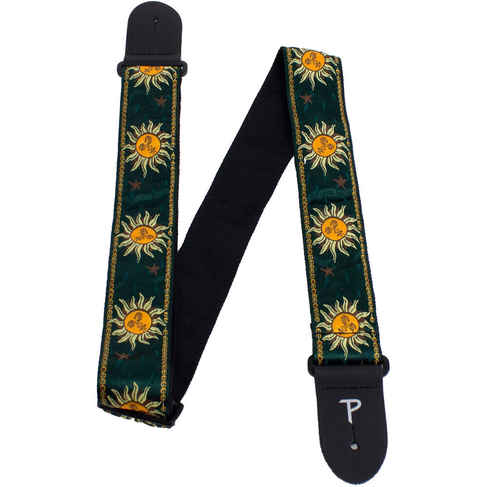 Perris 2" Jacquard Guitar Strap - Suns on Emerald Green Design with Leather Ends, Adjustable 39" to 58" — view 3