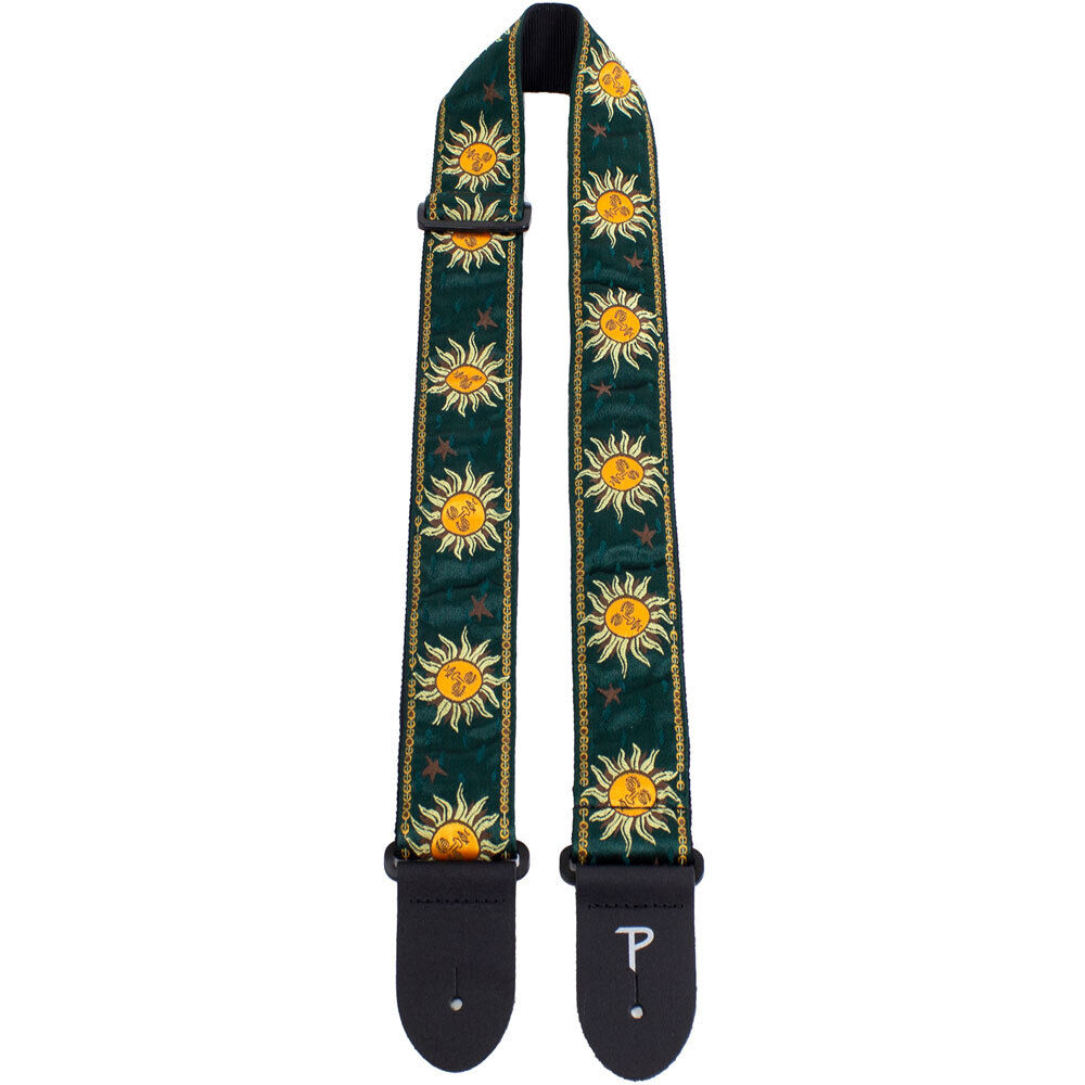 Perris 2" Jacquard Guitar Strap - Suns on Emerald Green Design with Leather Ends, Adjustable 39" to 58" — view 2