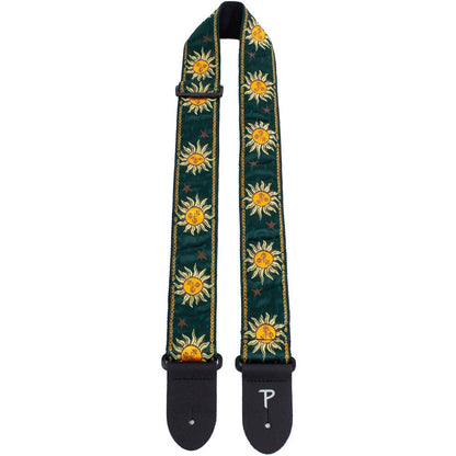 Perris 2" Jacquard Guitar Strap - Suns on Emerald Green Design with Leather Ends, Adjustable 39" to 58" — view 2