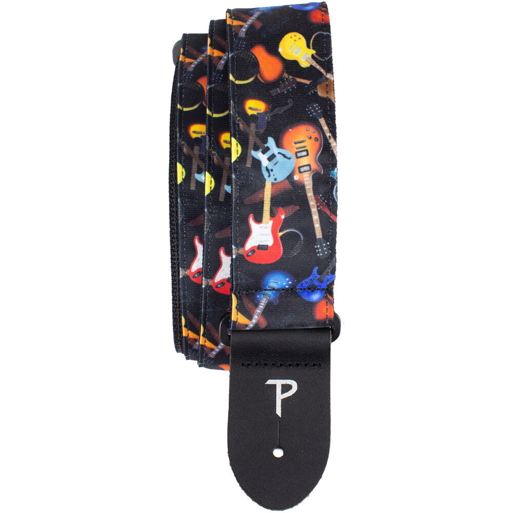 Perris 2" Adjustable Fabric Guitar Strap "Guitars Allover" Design with Black Leather Ends
