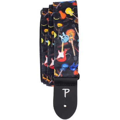 Perris 2" Adjustable Fabric Guitar Strap "Guitars Allover" Design with Black Leather Ends