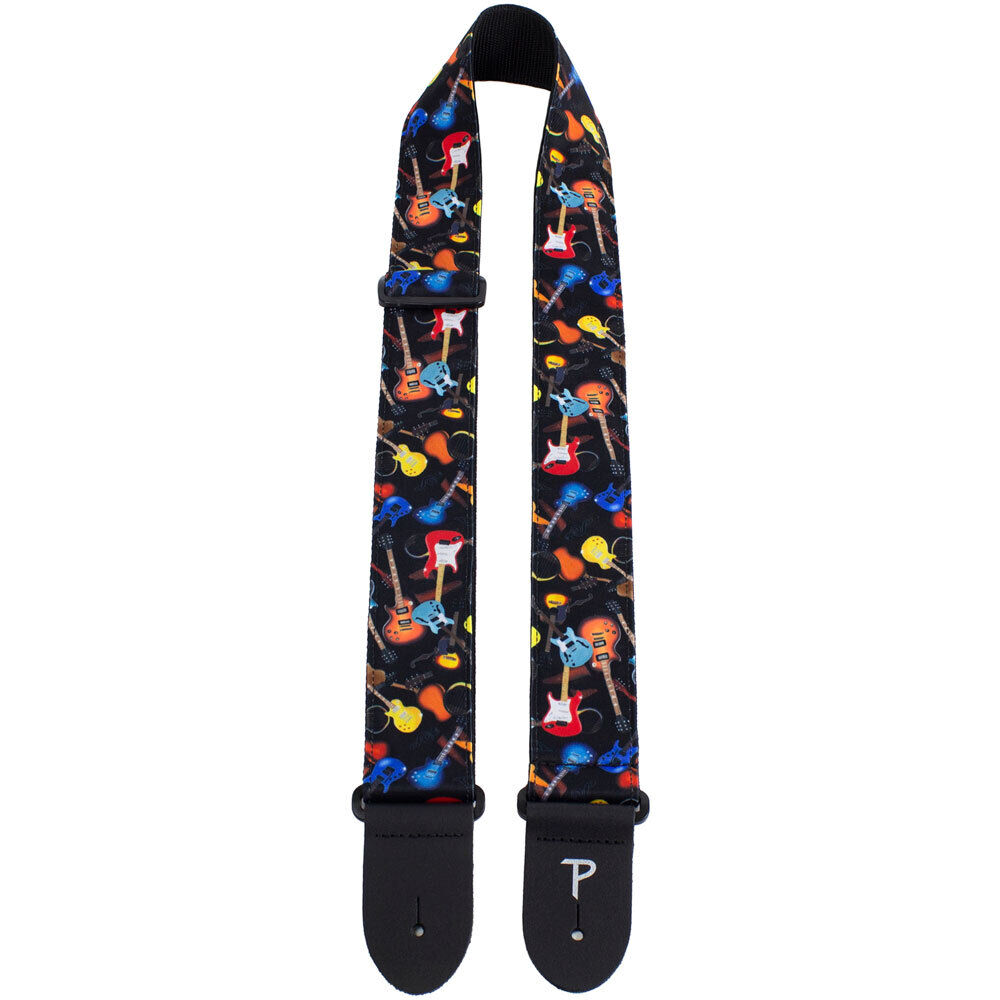 Perris 2" Adjustable Fabric Guitar Strap "Guitars Allover" Design with Black Leather Ends — view 2