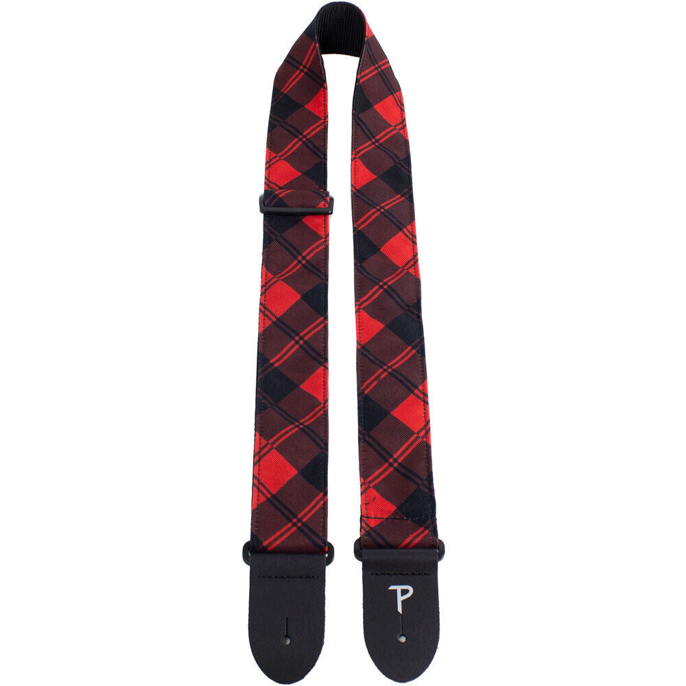 Perris 2" Red/Black Plaid Dye-Sub Poplin Fabric Guitar Strap with Leather Ends, Adjustable 39" to 58" — view 2