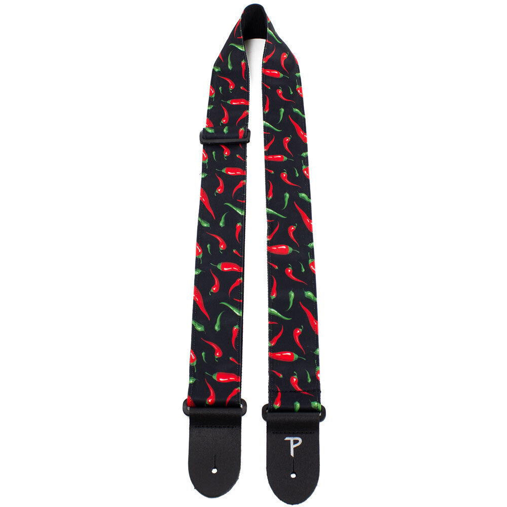 Perris 2" Adjustable Fabric Guitar Strap - Red Pepper Allover Design with Black Leather Ends — view 2