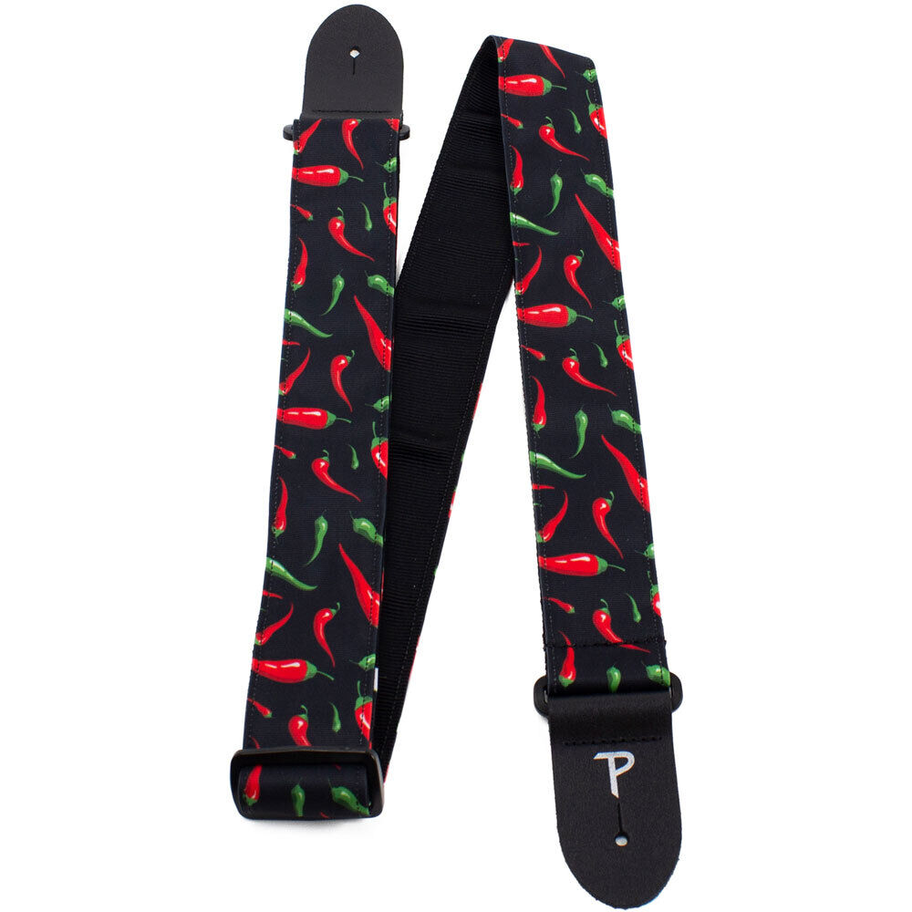 Perris 2" Adjustable Fabric Guitar Strap - Red Pepper Allover Design with Black Leather Ends — view 3