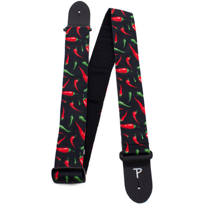 Perris 2" Adjustable Fabric Guitar Strap - Red Pepper Allover Design with Black Leather Ends — view 3