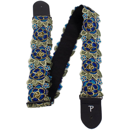 Perris 2" Stitched 3D Lace Ribbon Guitar Strap Blue & Gold Floral Adjustable 39"-58" — view 3