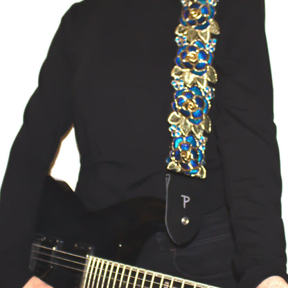 Perris 2" Stitched 3D Lace Ribbon Guitar Strap Blue & Gold Floral Adjustable 39"-58" — view 5