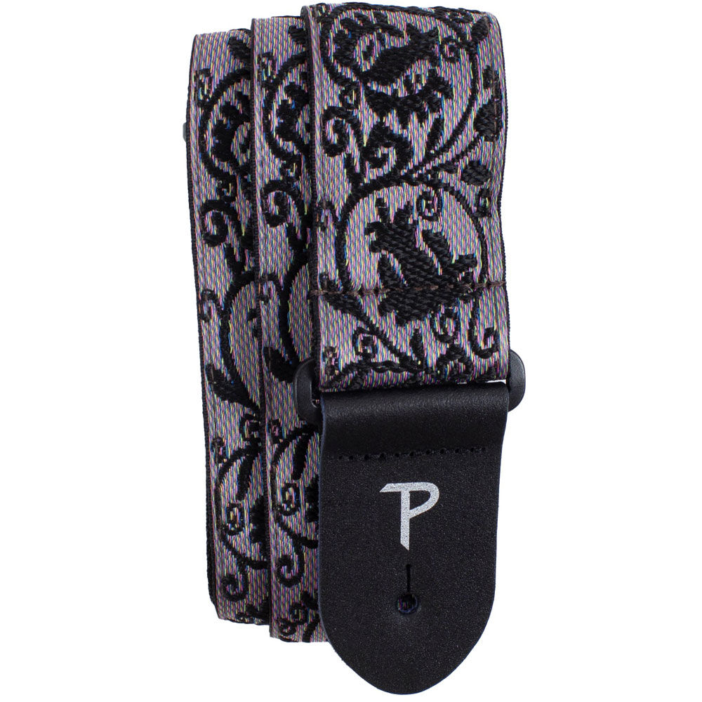 Perris 2" Jacquard Guitar Strap Black Lace Design Leather Ends Adjustable 39" to 58"