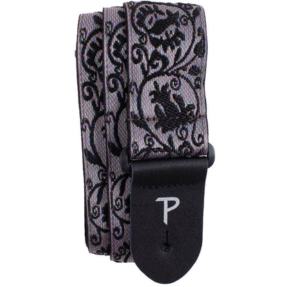 Perris 2" Jacquard Guitar Strap Black Lace Design Leather Ends Adjustable 39" to 58"