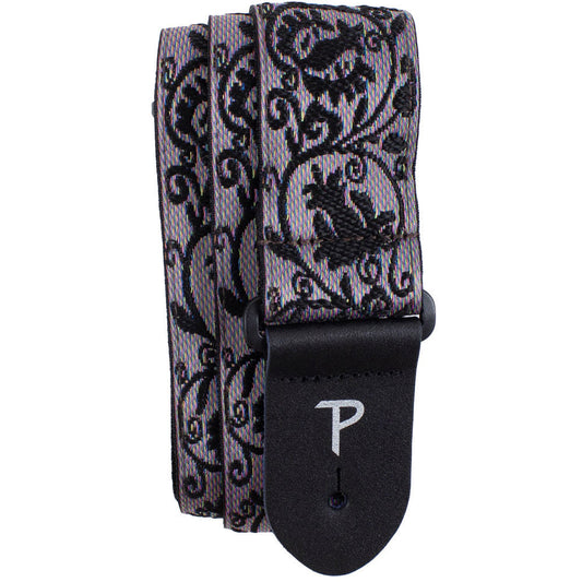 Perris 2" Jacquard Guitar Strap Black Lace Design Leather Ends Adjustable 39" to 58"