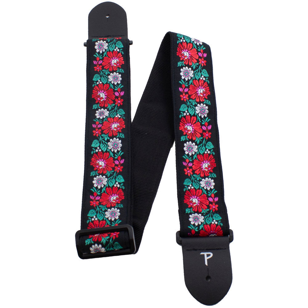 Perris 2.5" Jacquard Guitar Strap Red Floral on Black Design with Leather Ends, Adjustable 39" to 58" — view 3